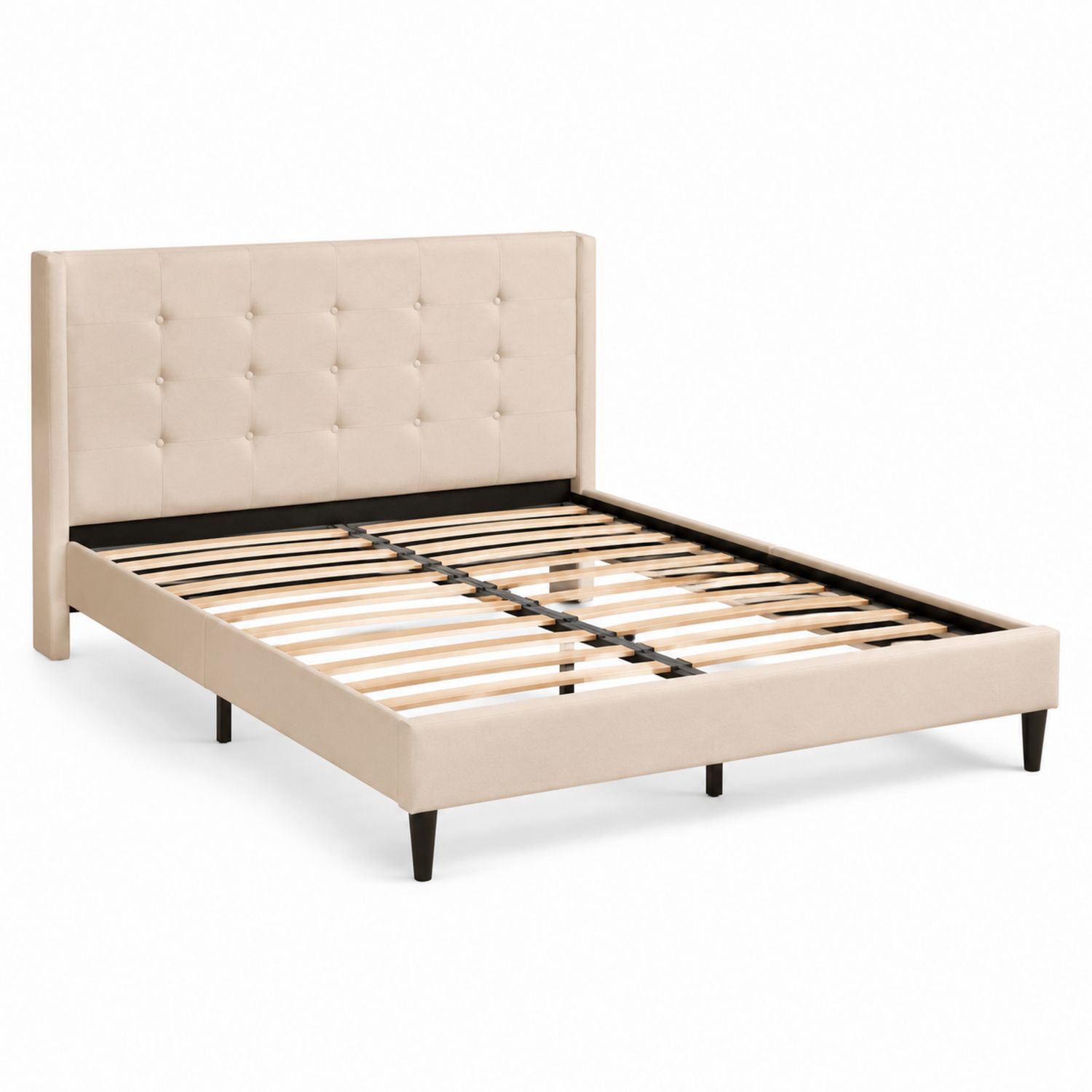 Letto matrimoniale in tessuto beige con testiera trapuntata