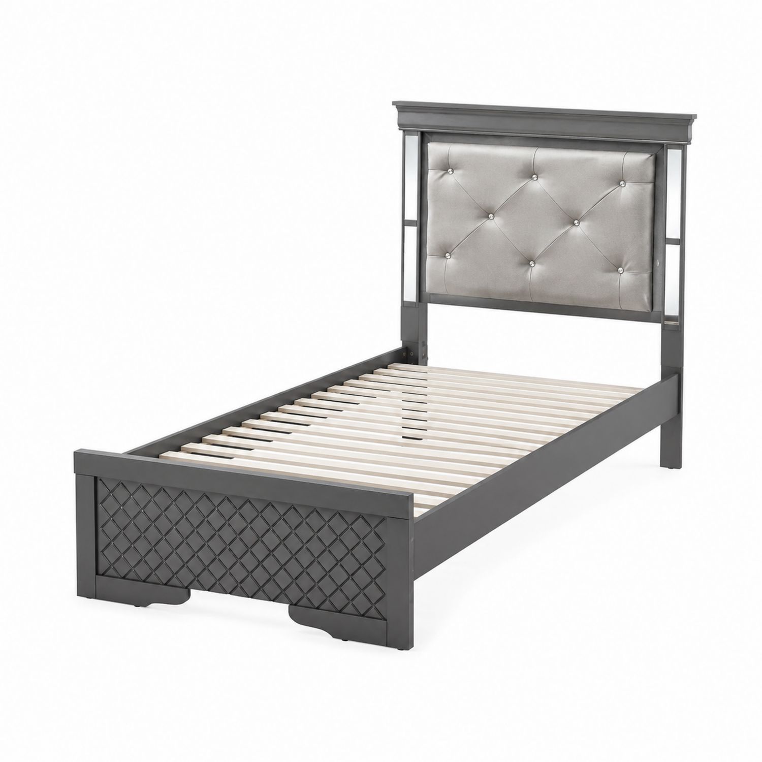 Letto singolo in metallo e legno con testiera imbottita grigia