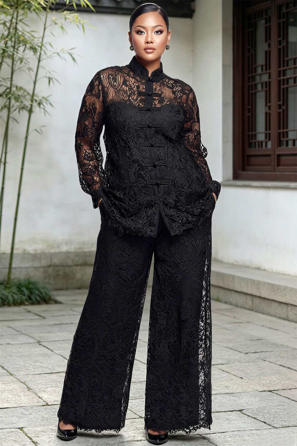 Xpluswear Design Plus Size Business Casual Black Mock Neck Long