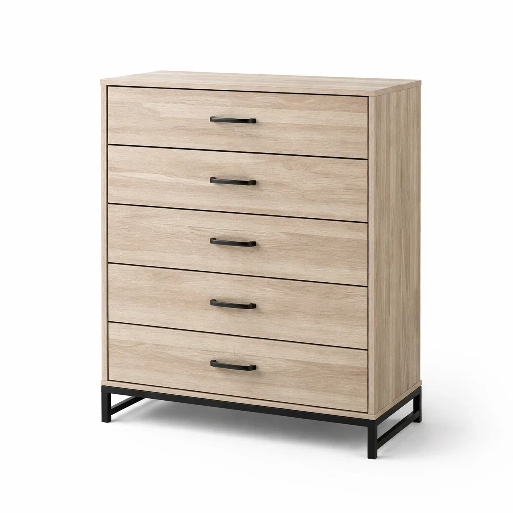 Kommode mit 5 Schubladen aus MDF in Holzoptik, Beige und Schwarz-furnielito