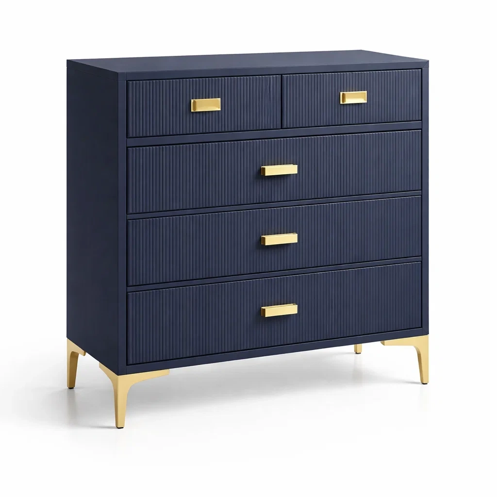 Kommode mit 5 Schubladen aus Holz und Messinggriffen Blau-furnielito