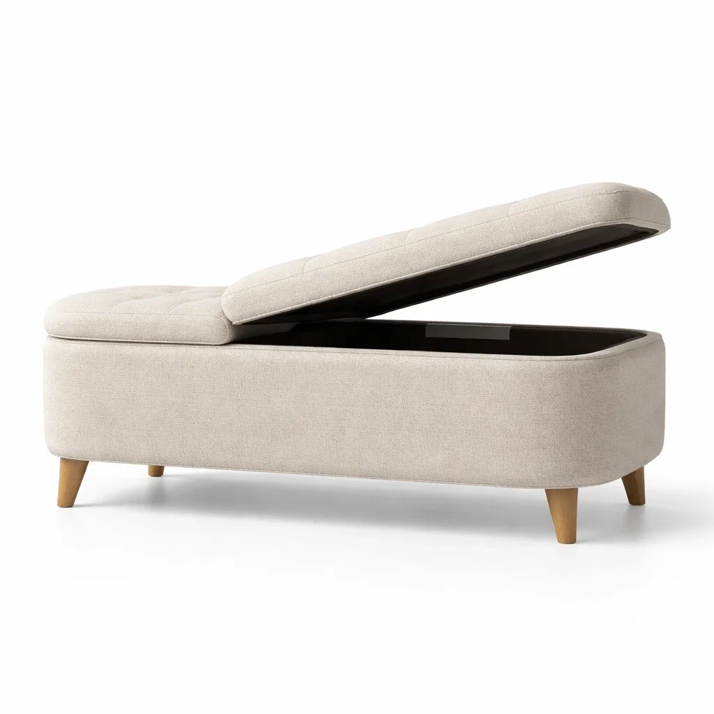 Polsterhocker mit Stauraum Beige Stoff Massivholzfüße 140cm-furnielito