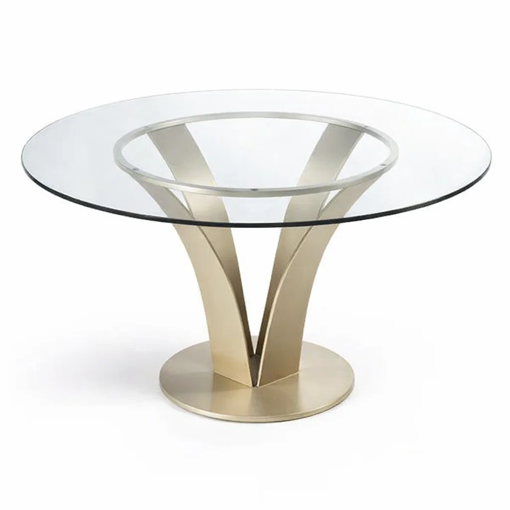 Runder Esstisch aus gehärtetem Glas mit Edelstahlbasis, Transparent/Gold, 120cm-furnielito