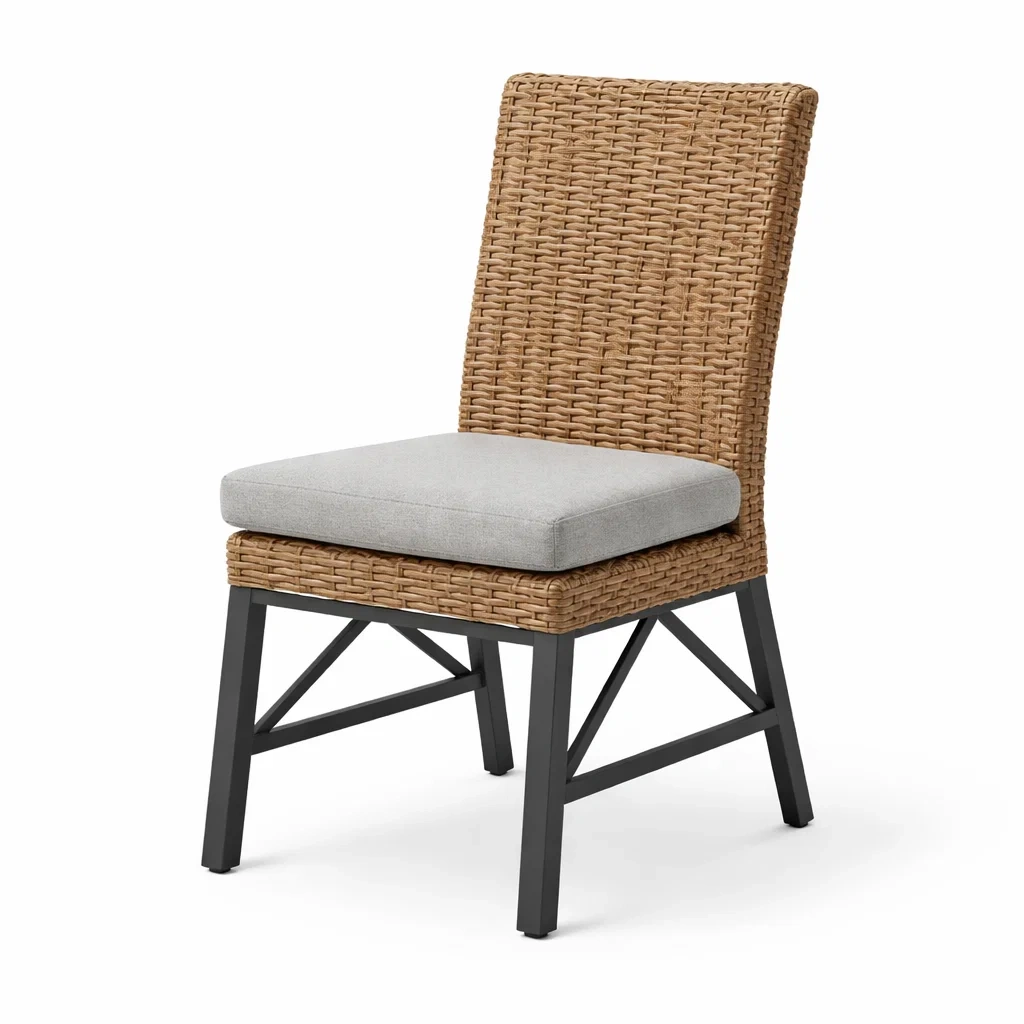 Rattanstuhl mit grauem Kissen und Metallrahmen-furnielito