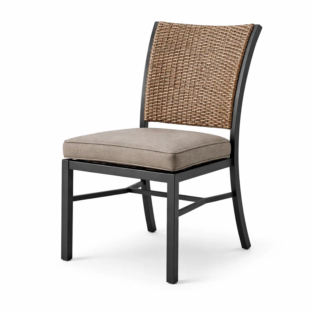 Esszimmerstuhl mit Metallrahmen, Rattanlehne und Polyesterkissen, Schwarz/Braun/Beige-furnielito