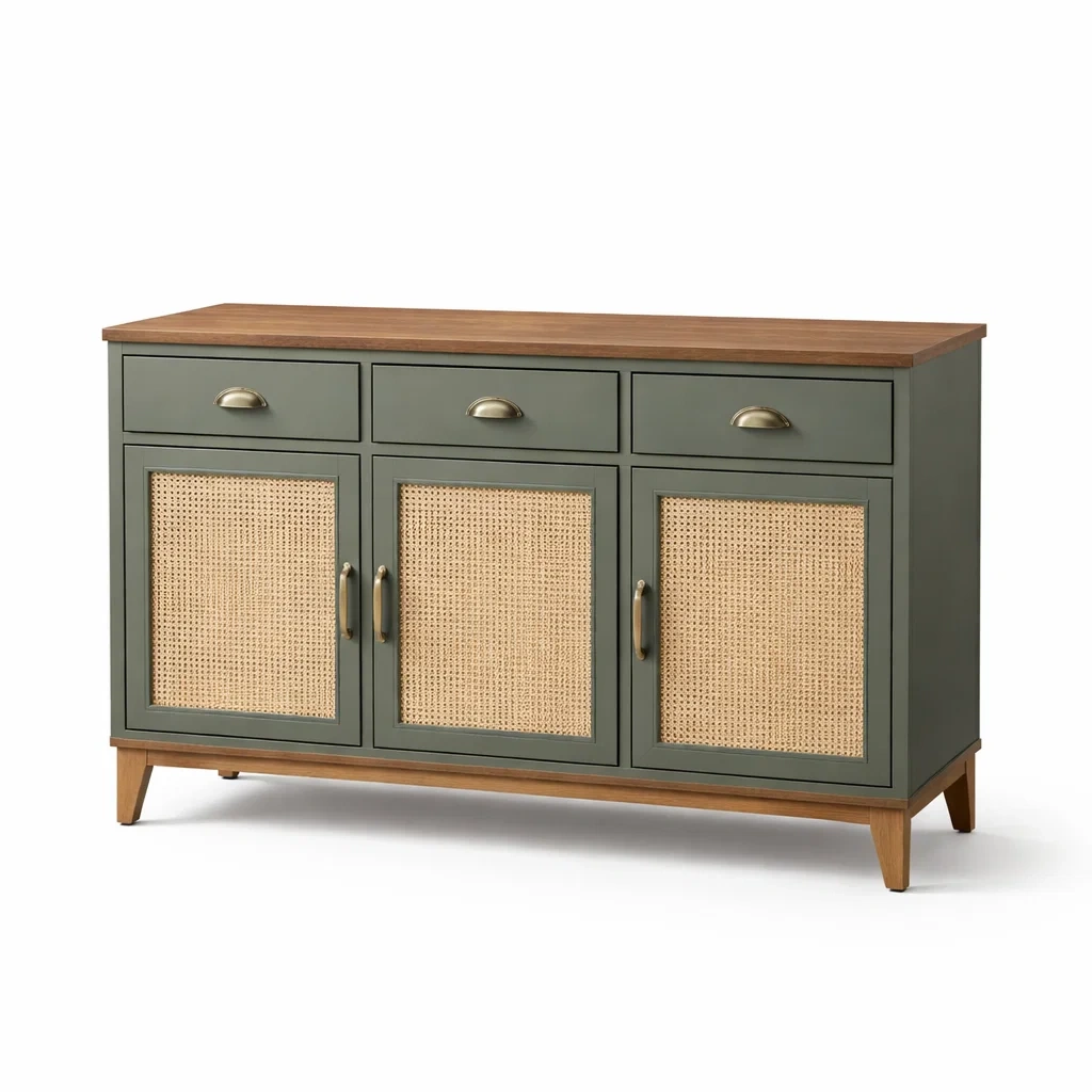 Sideboard Massivholz Rattan Grün mit 3 Türen und 3 Schubladen-furnielito