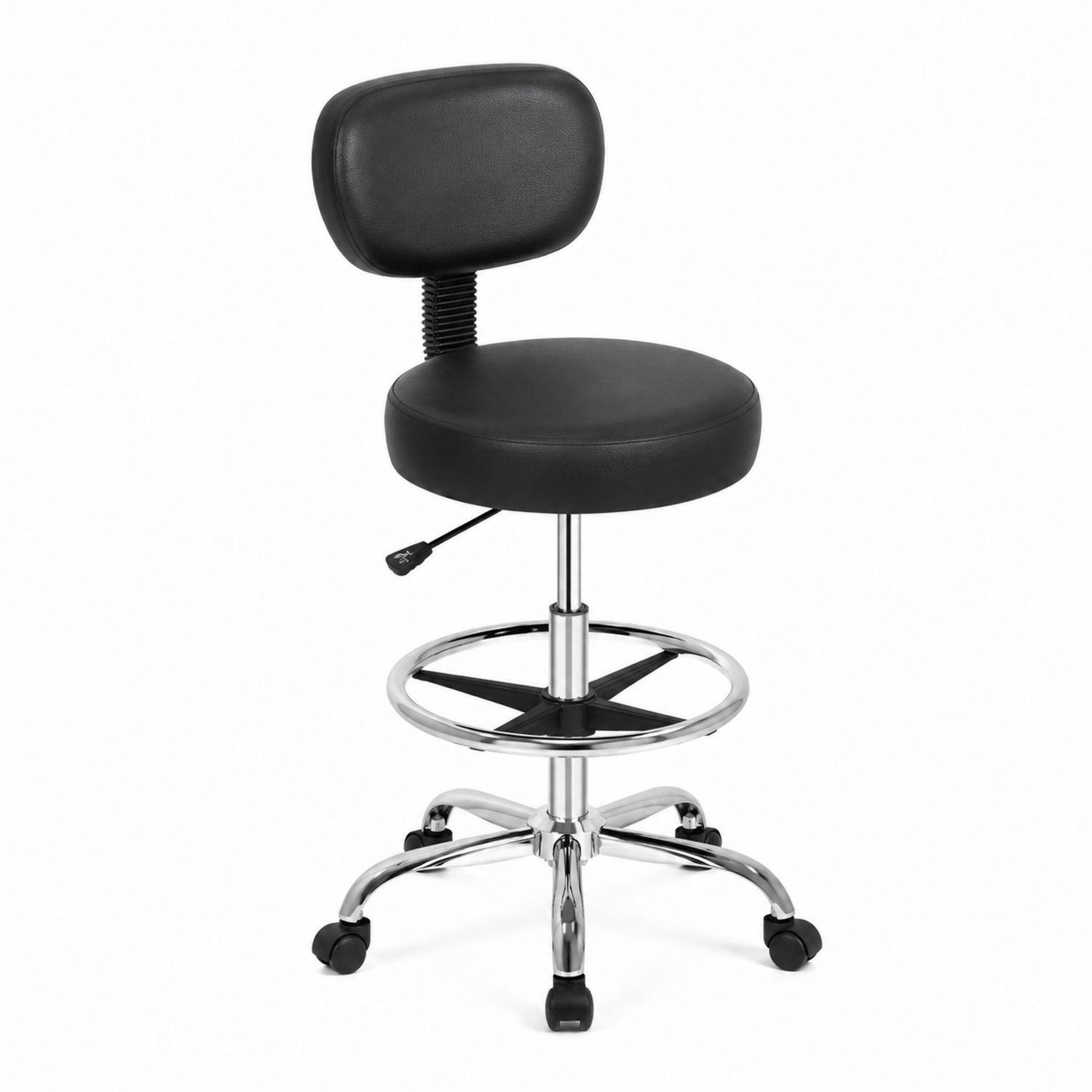 Silla de oficina ajustable con ruedas de piel sintética negra y base metálica