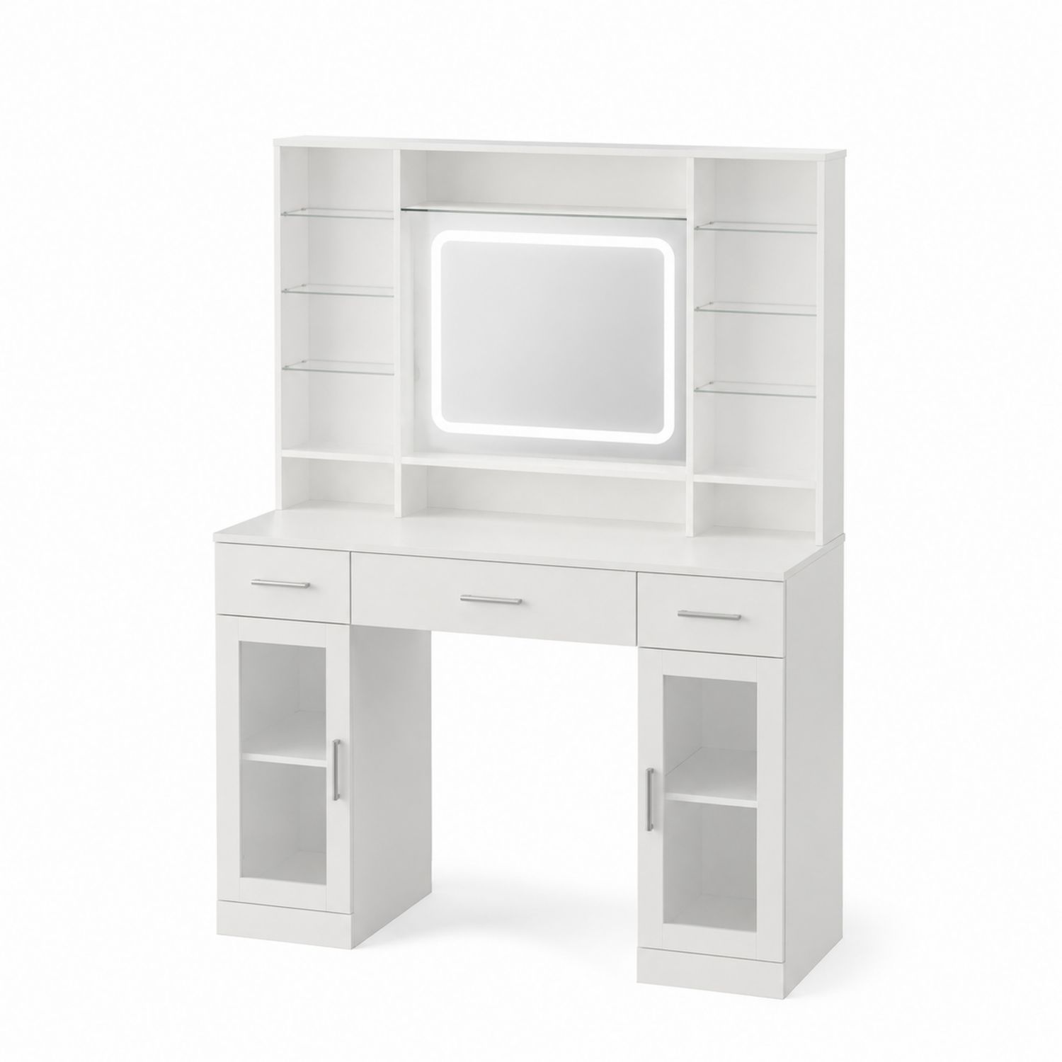 Tocador con espejo LED, estructura de madera y estantes de vidrio, 120 cm x 40 cm x 150 cm, Blanco
