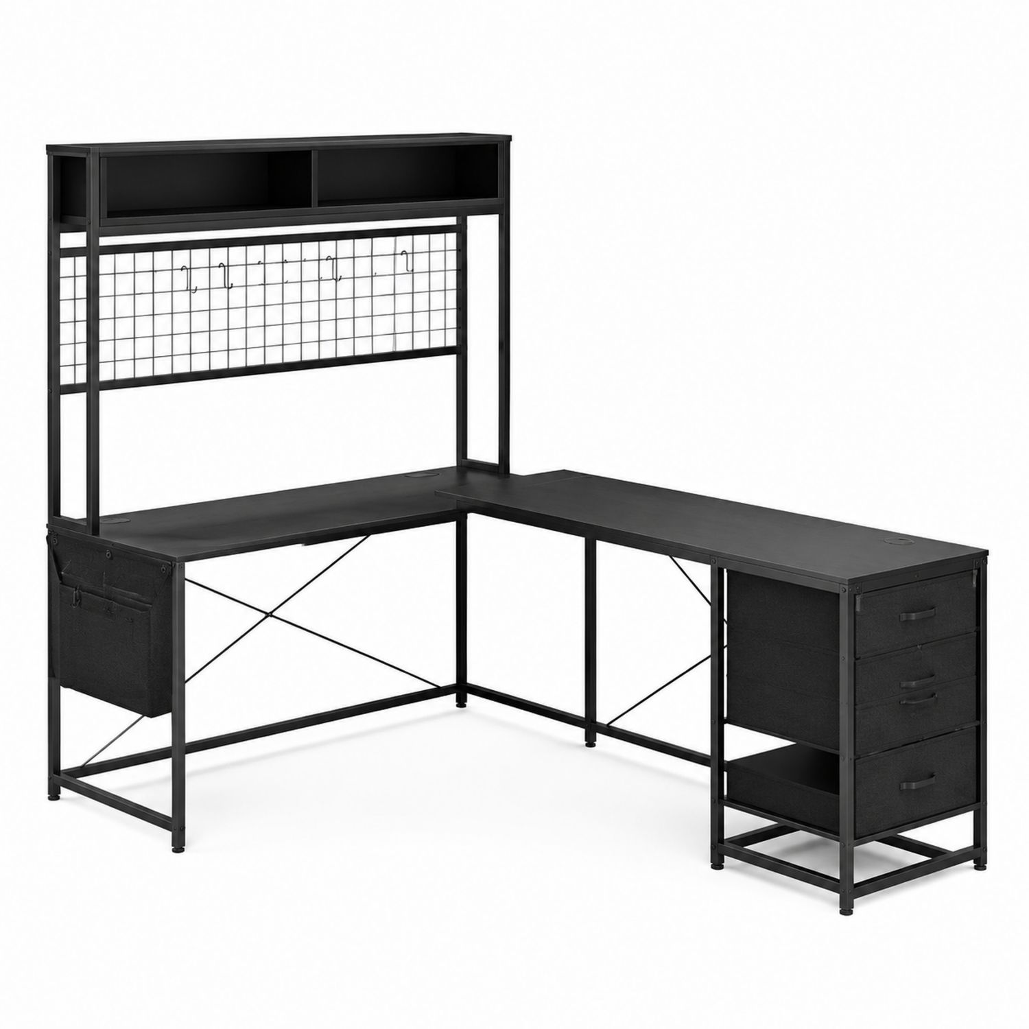 Escritorio en forma de L con estantería de metal y MDF Negro