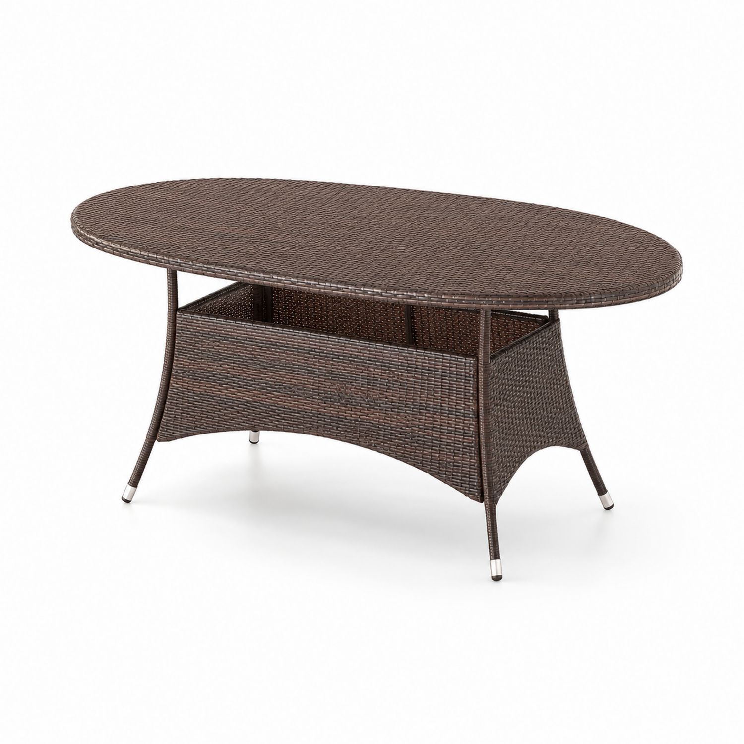 Mesa de comedor exterior ovalada de ratán con estructura de acero
