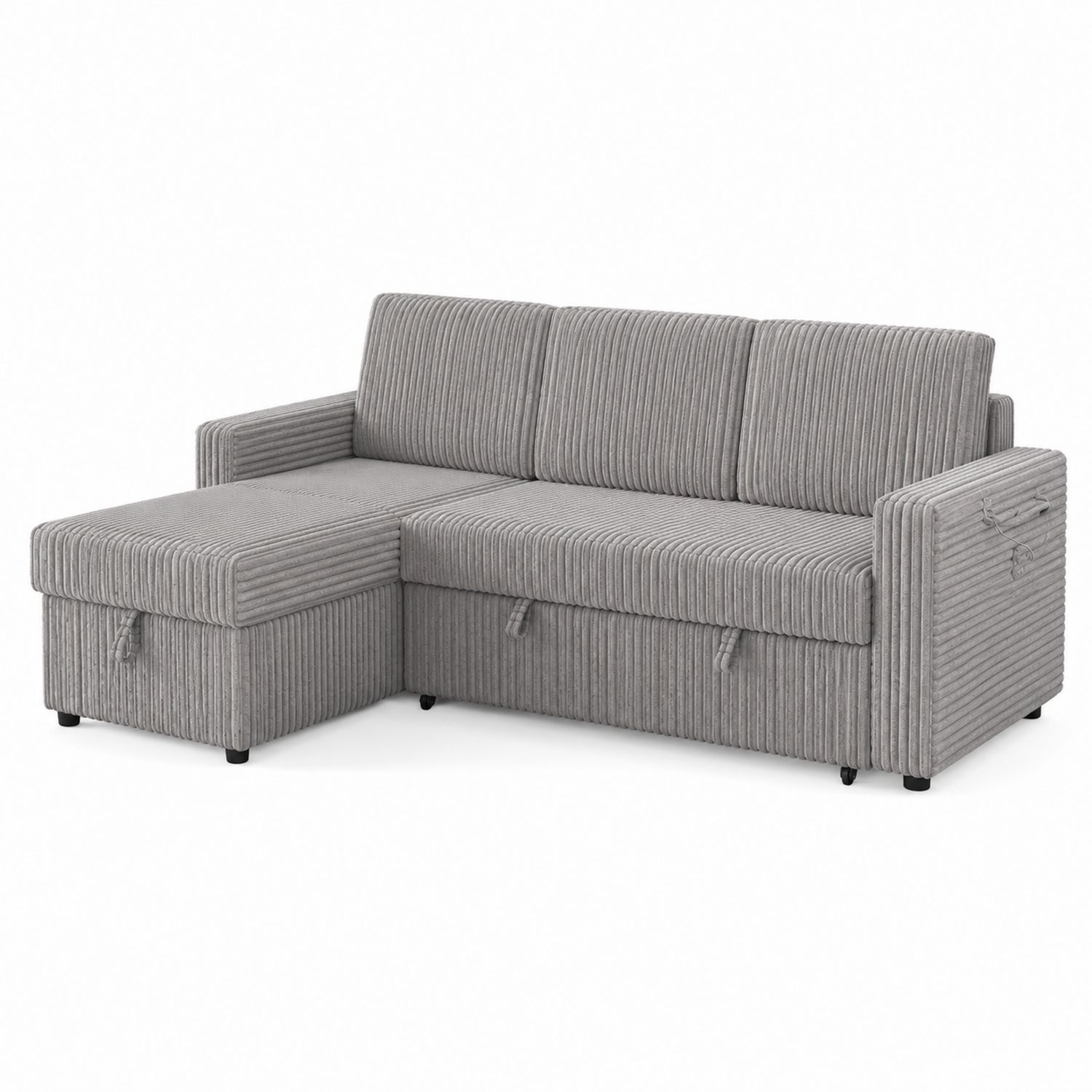 Sofá chaise longue de pana gris con almacenamiento