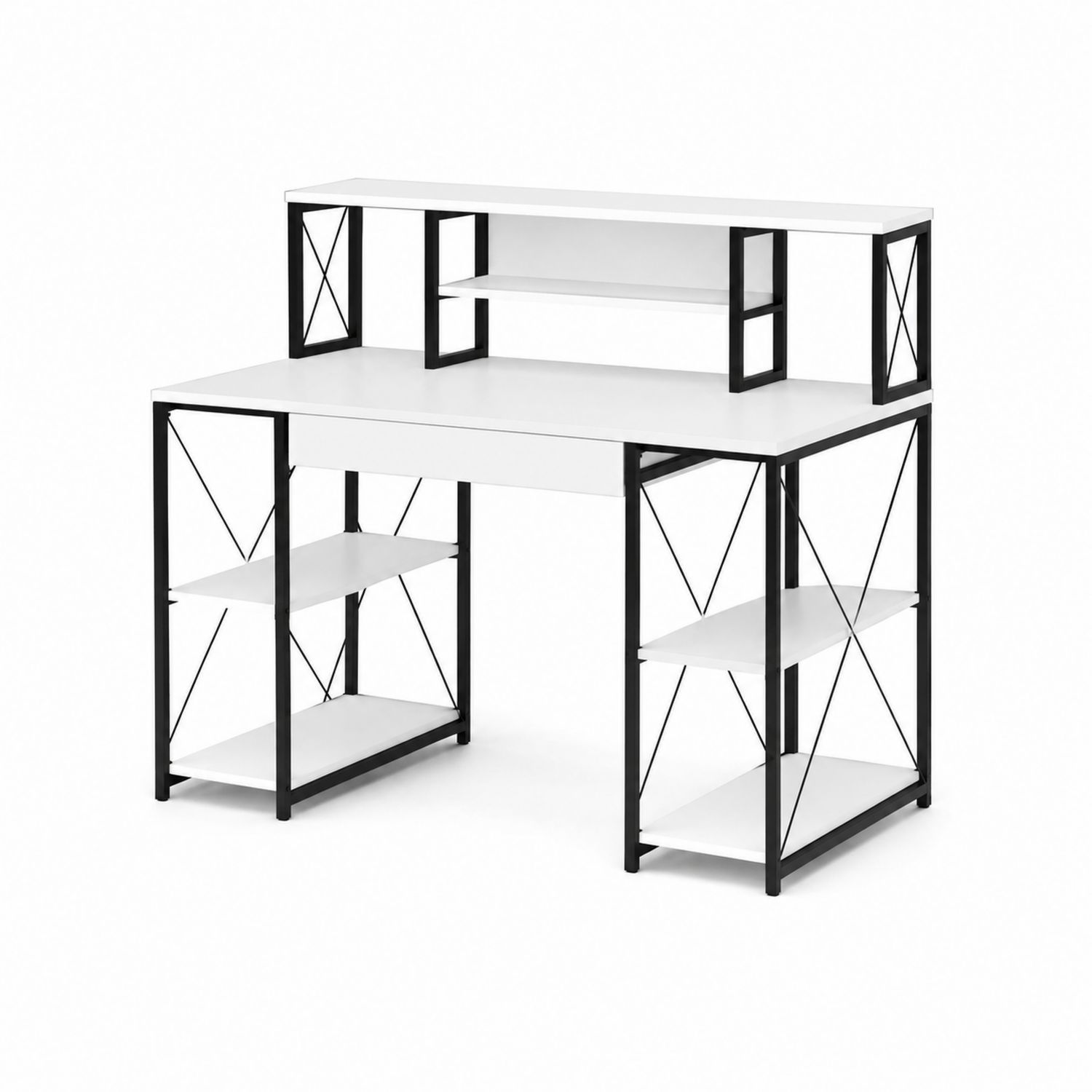 Escritorio de oficina con estantes de metal y madera blanco y negro