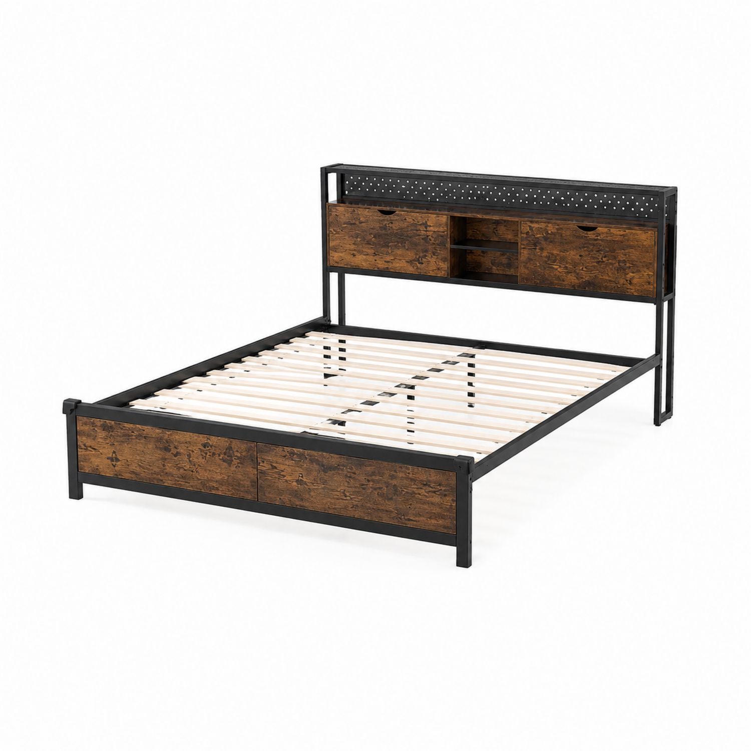 Cama de Metal y Madera con Almacenamiento 200x150 cm Marrón/Negro
