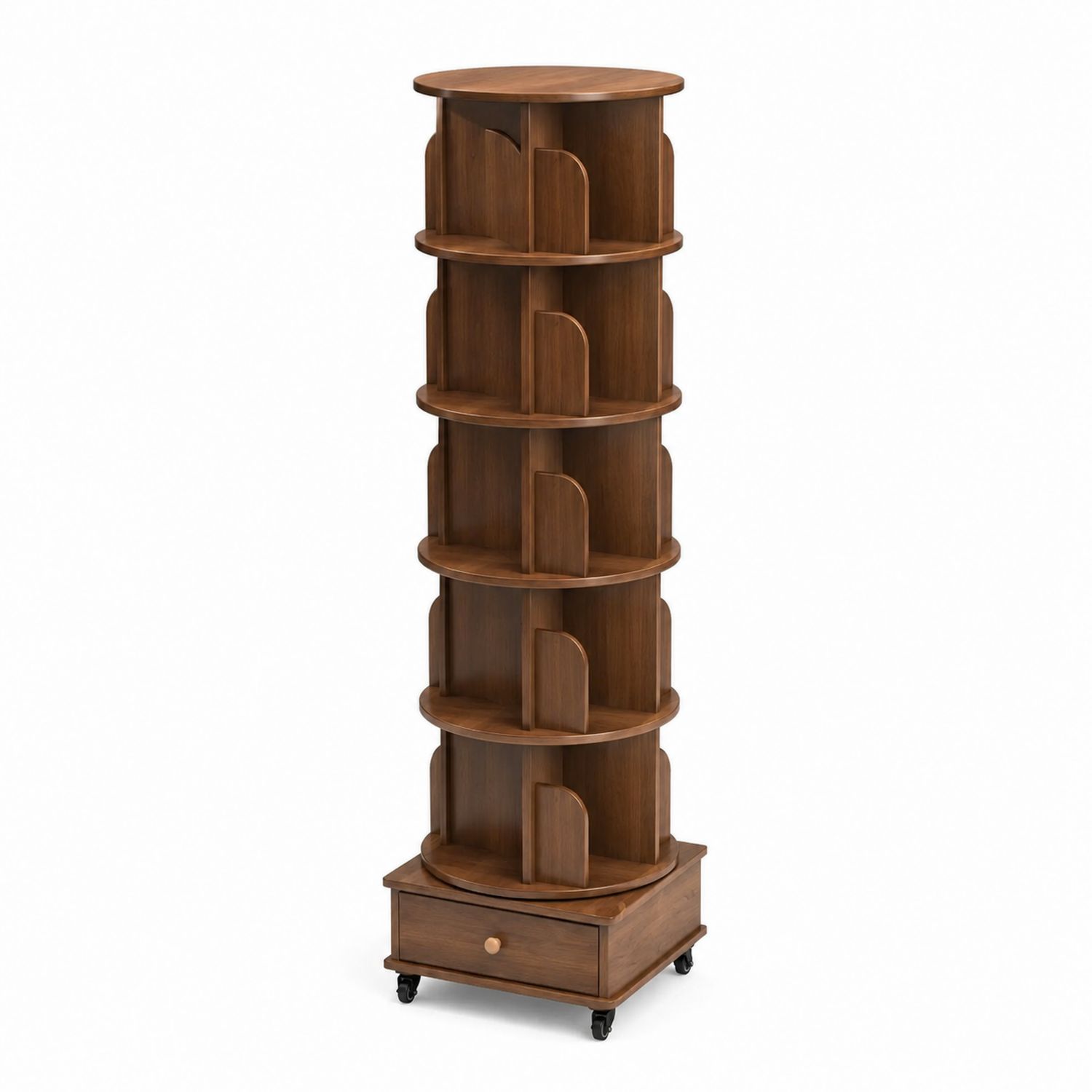 Estantería giratoria de madera de haya con 6 niveles y cajón