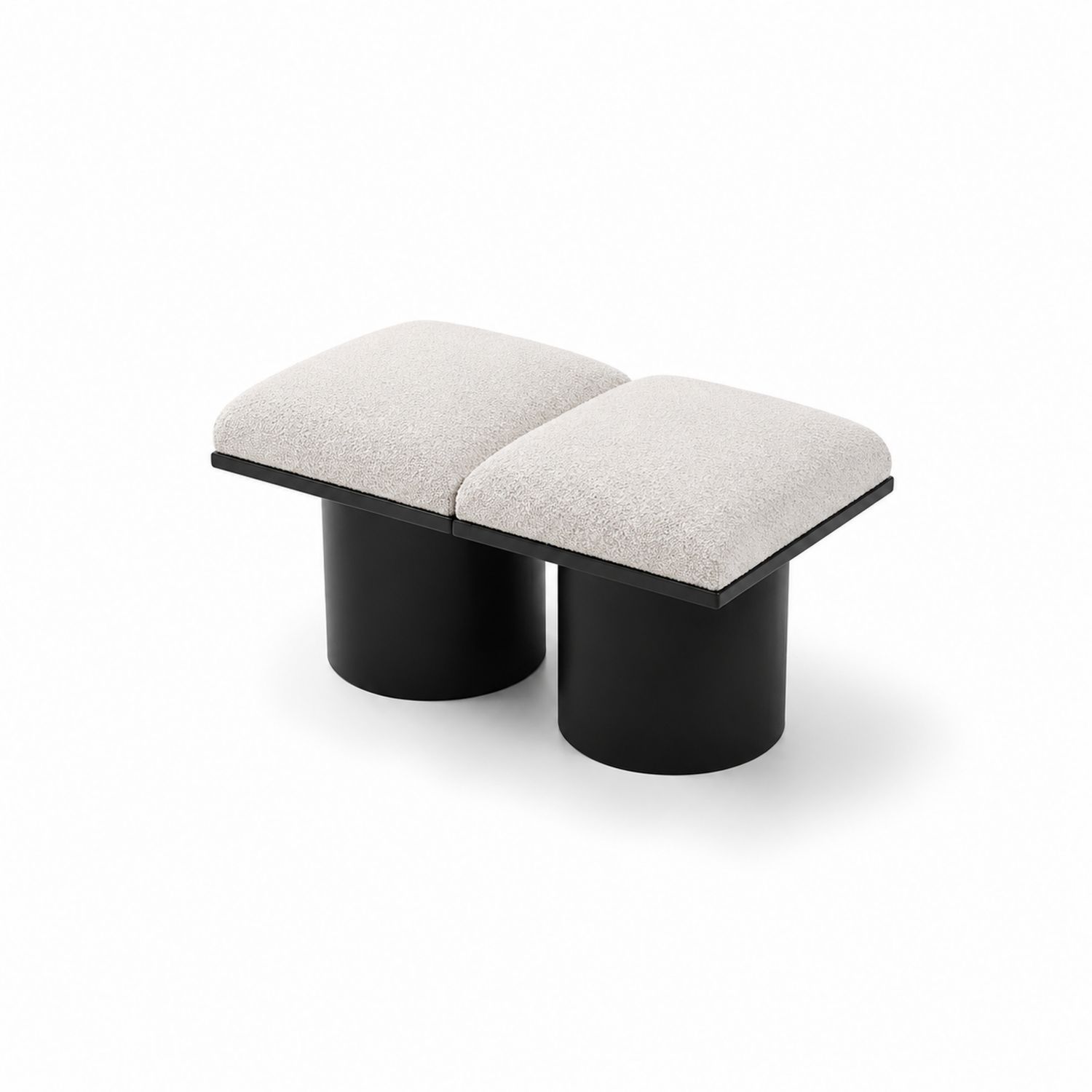 Banco doble con asiento de tela beige y base metálica negra
