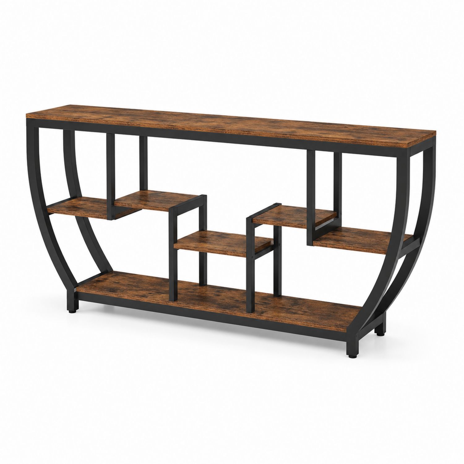 Mesa consola de metal negro con estantes de contrachapado 120x30x80 cm