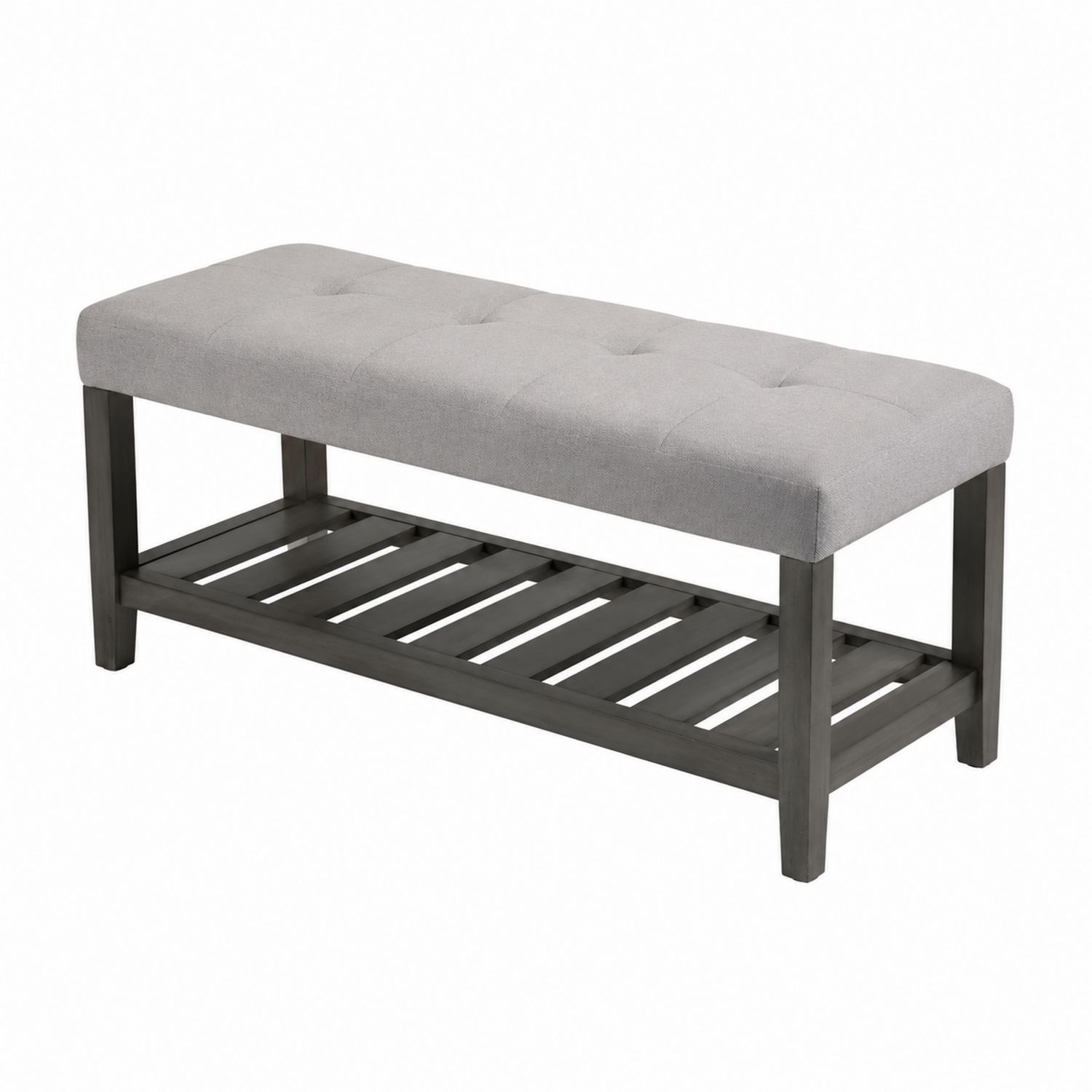 Banco de madera con cojín de tela gris con estante 120x40x45 cm
