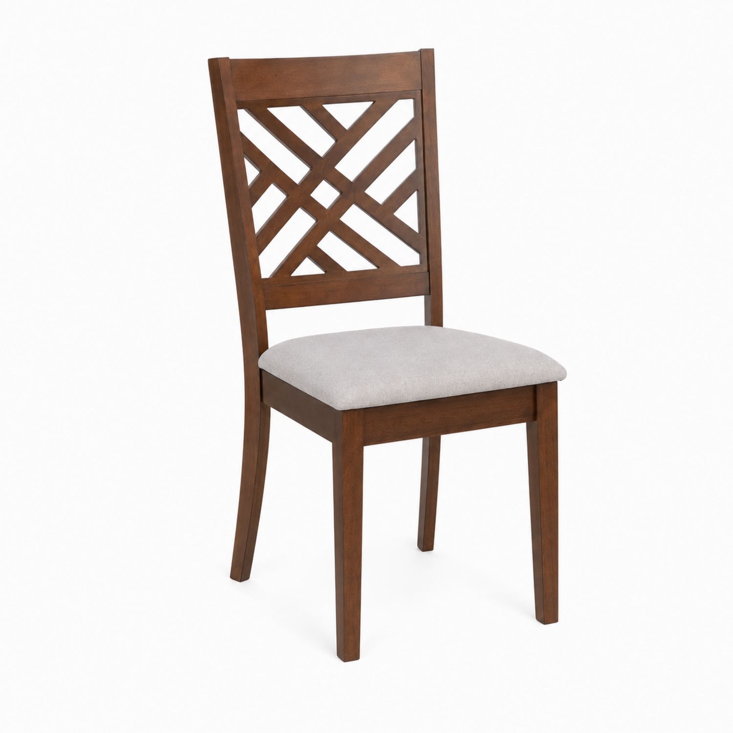 Silla de madera con respaldo decorativo y asiento de tela beige