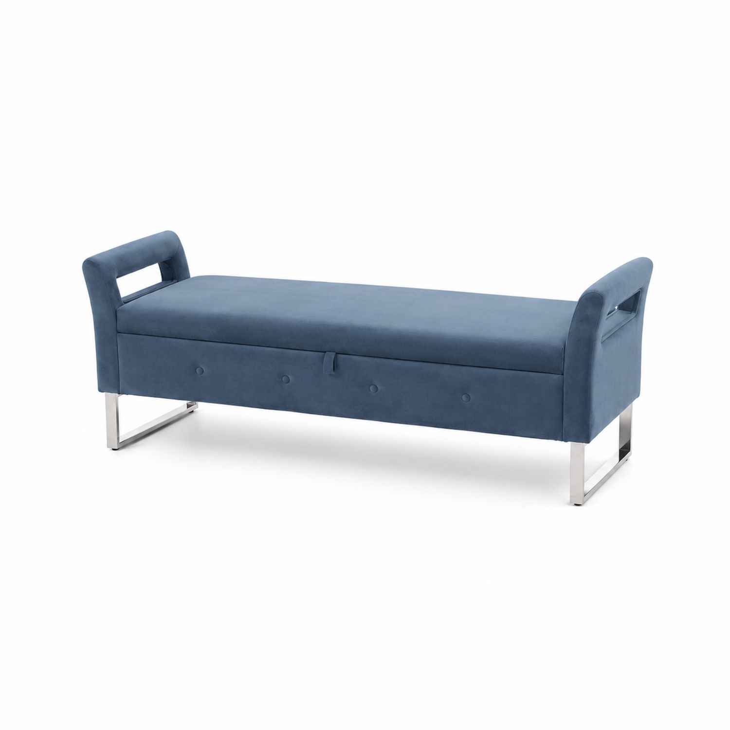 Banco de salón con almacenamiento, terciopelo azul y patas de metal