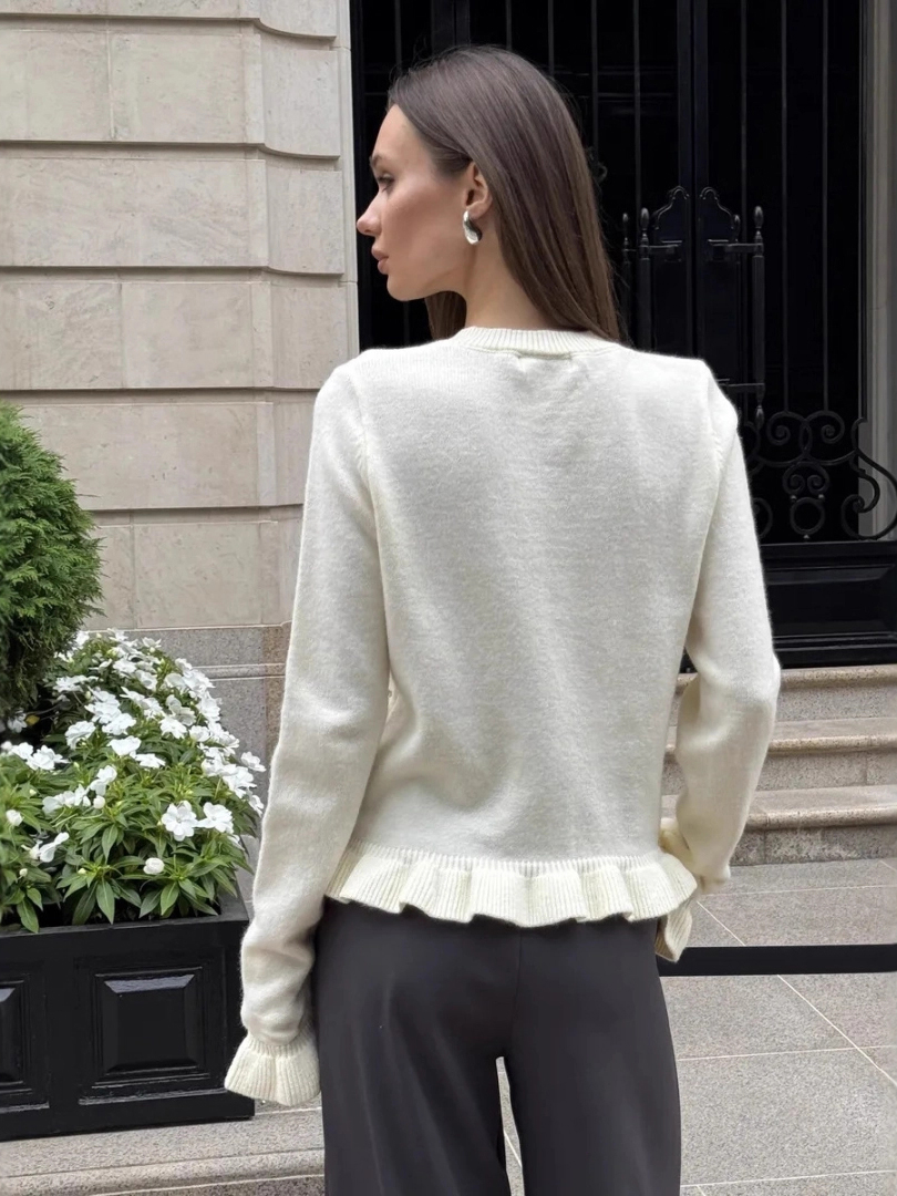 Long Sleeve Ruffle Trim Knit Cardigan Single-Breasted Casual Solid Sweater