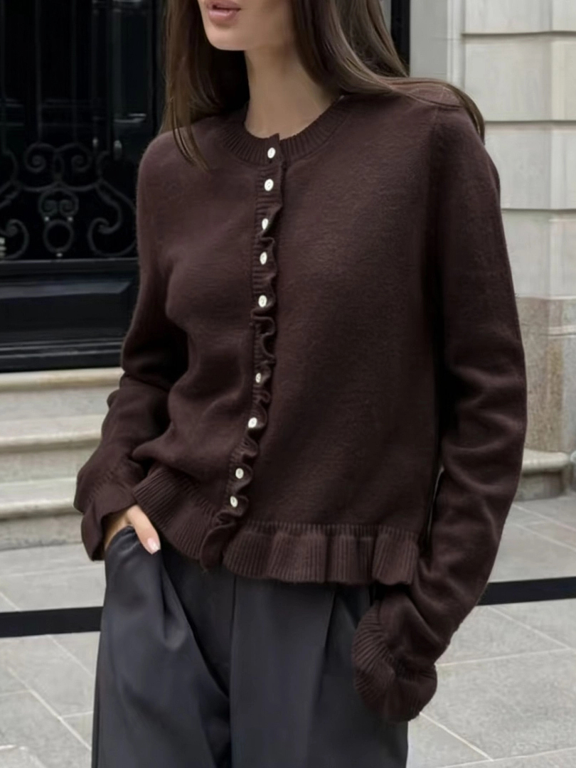 Long Sleeve Ruffle Trim Knit Cardigan Single-Breasted Casual Solid Sweater