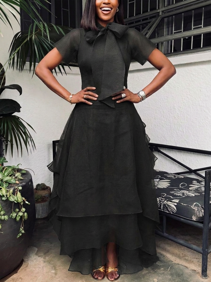 Vintage Elegant Pleated Long Short-Sleeve Dress