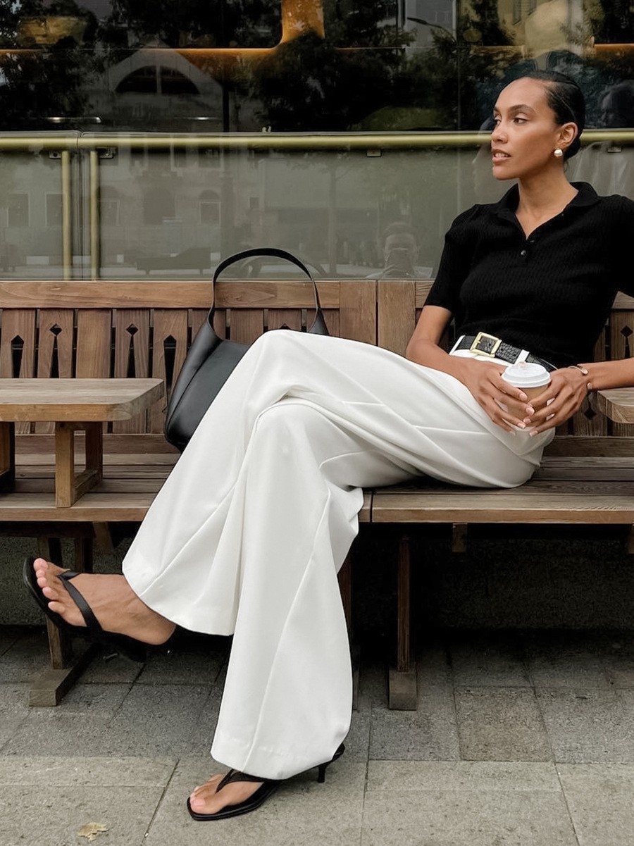 White High-Waist Casual Trousers Loose Fit Simple Office Style Long Pants