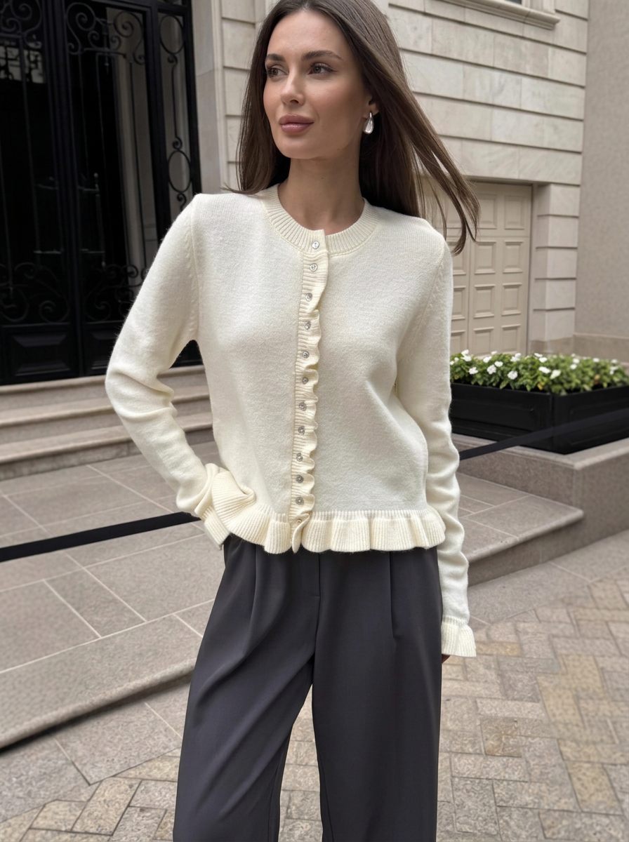 Long Sleeve Ruffle Trim Knit Cardigan Single-Breasted Casual Solid Sweater