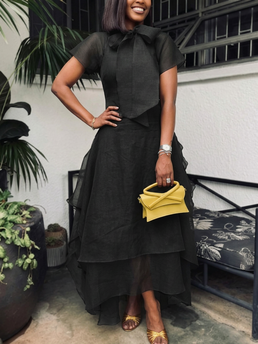 Vintage Elegant Pleated Long Short-Sleeve Dress