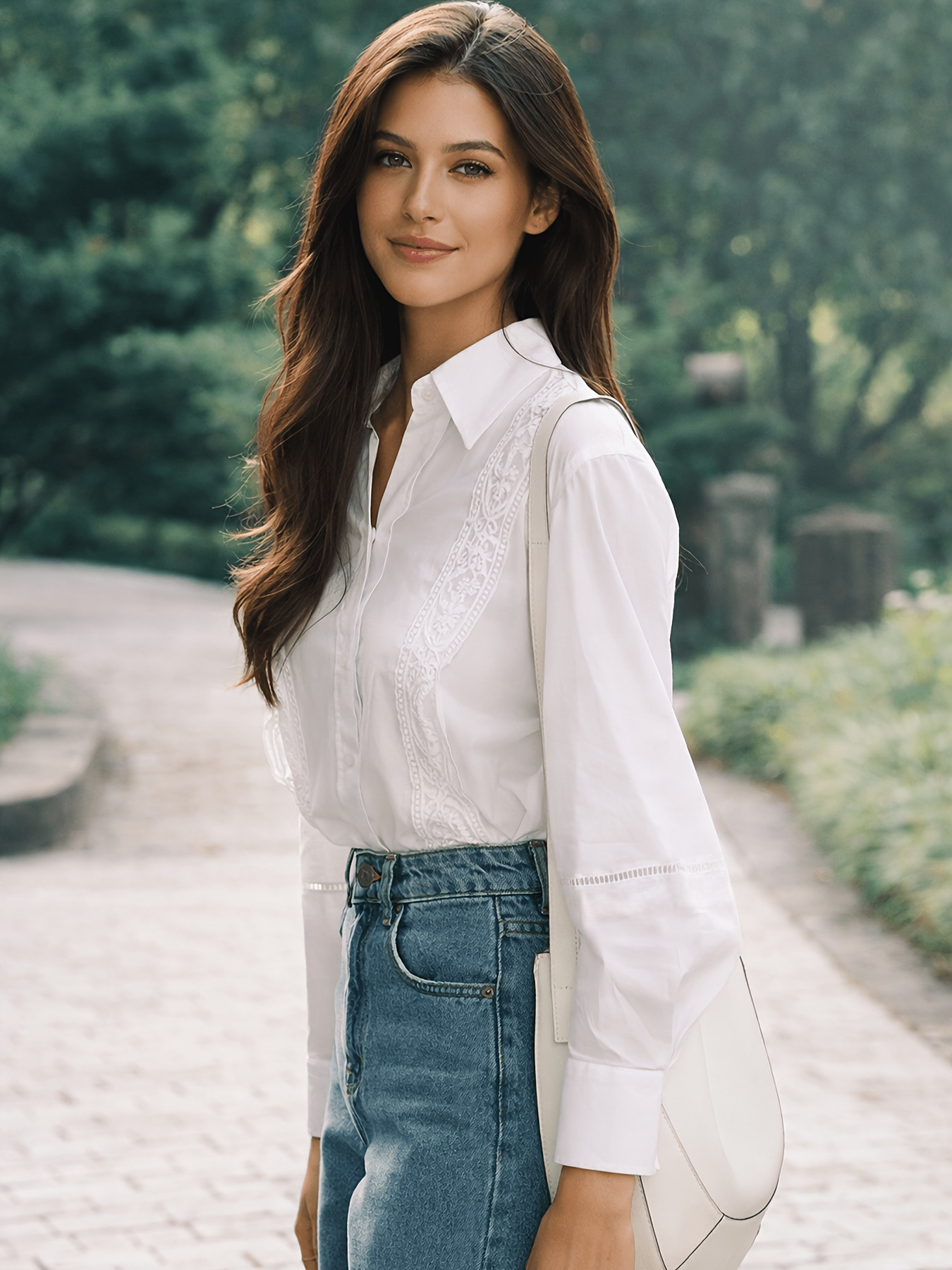 Embroidered Lantern Sleeve White Blouse for Work & Daily Wear