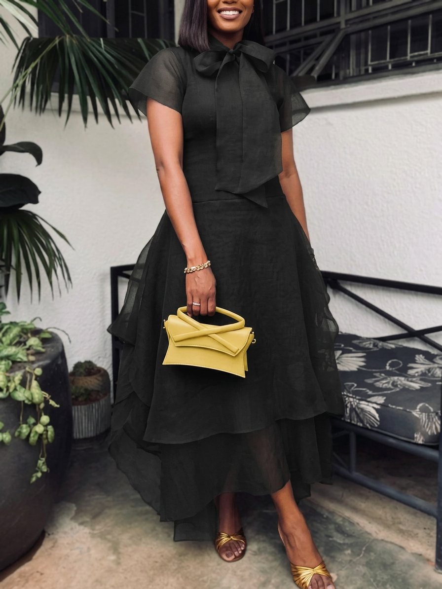 Vintage Elegant Pleated Long Short-Sleeve Dress