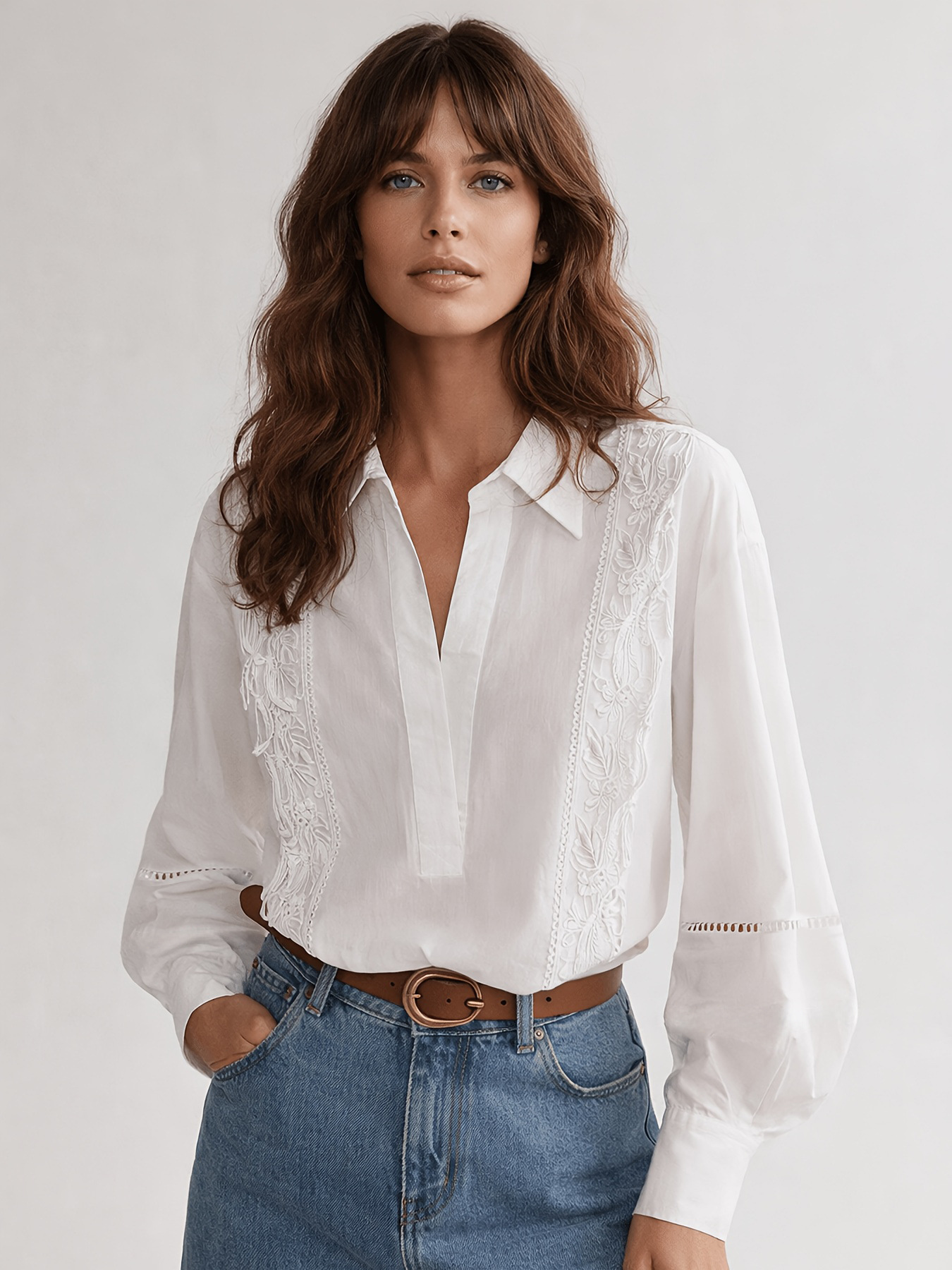 Embroidered Lantern Sleeve White Blouse for Work & Daily Wear
