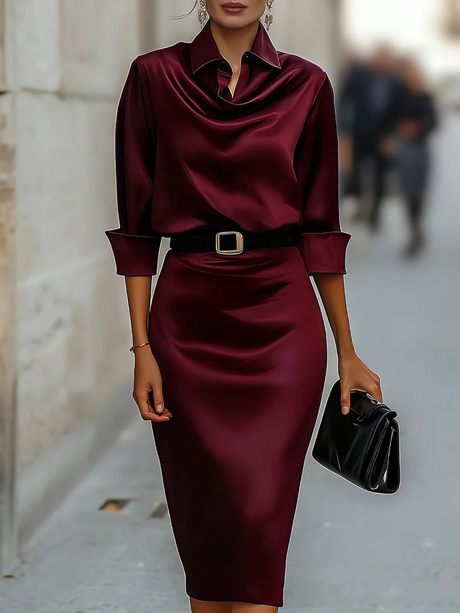 Satin long-sleeve dress with waist-cinching and slimming design