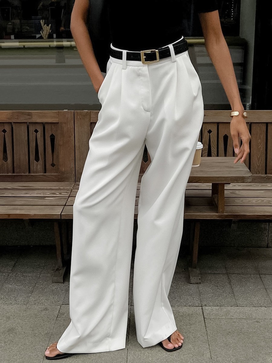 White High-Waist Casual Trousers Loose Fit Simple Office Style Long Pants