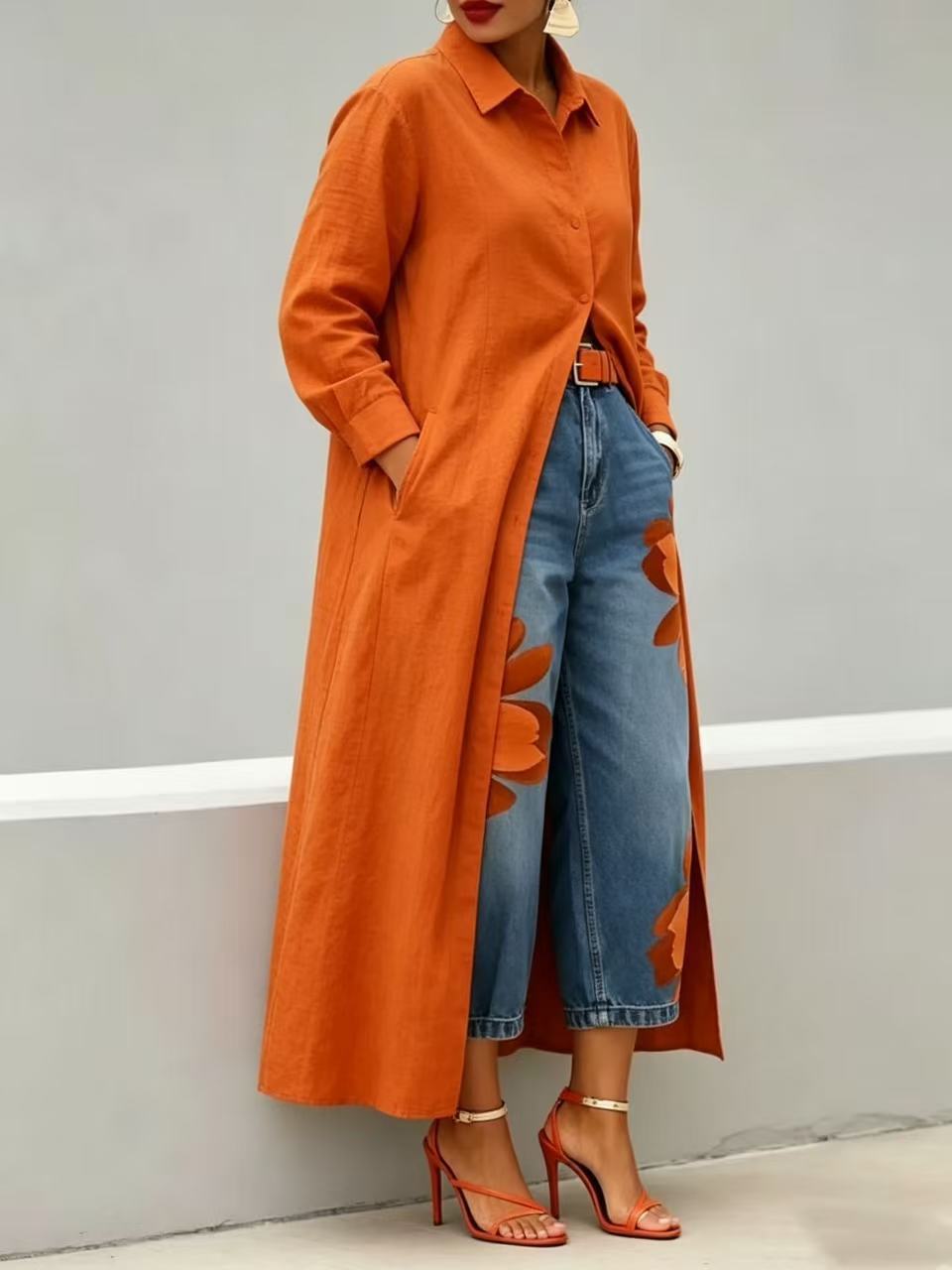 Floral Denim Wide Leg Pants with Slimming Effect