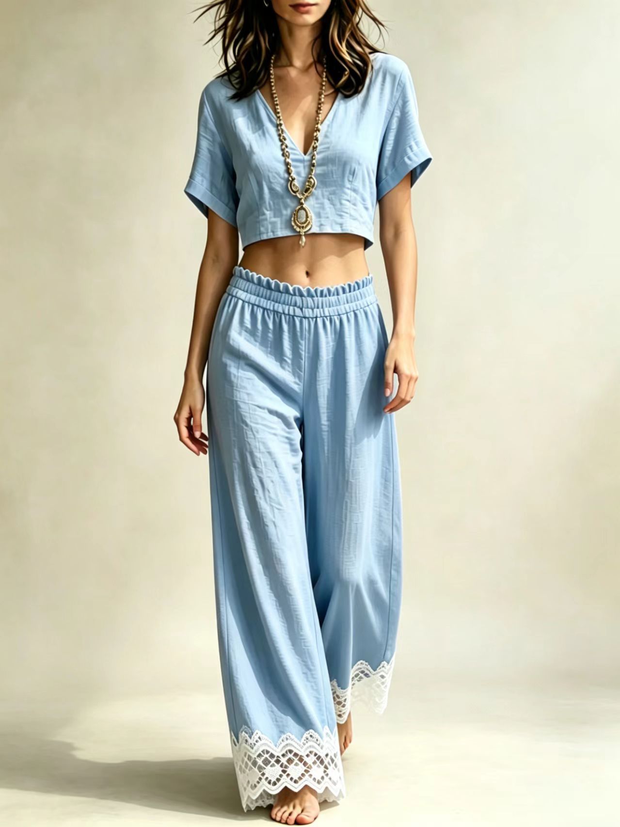 V-neck short-sleeve top and lace-trim wide-leg pants set