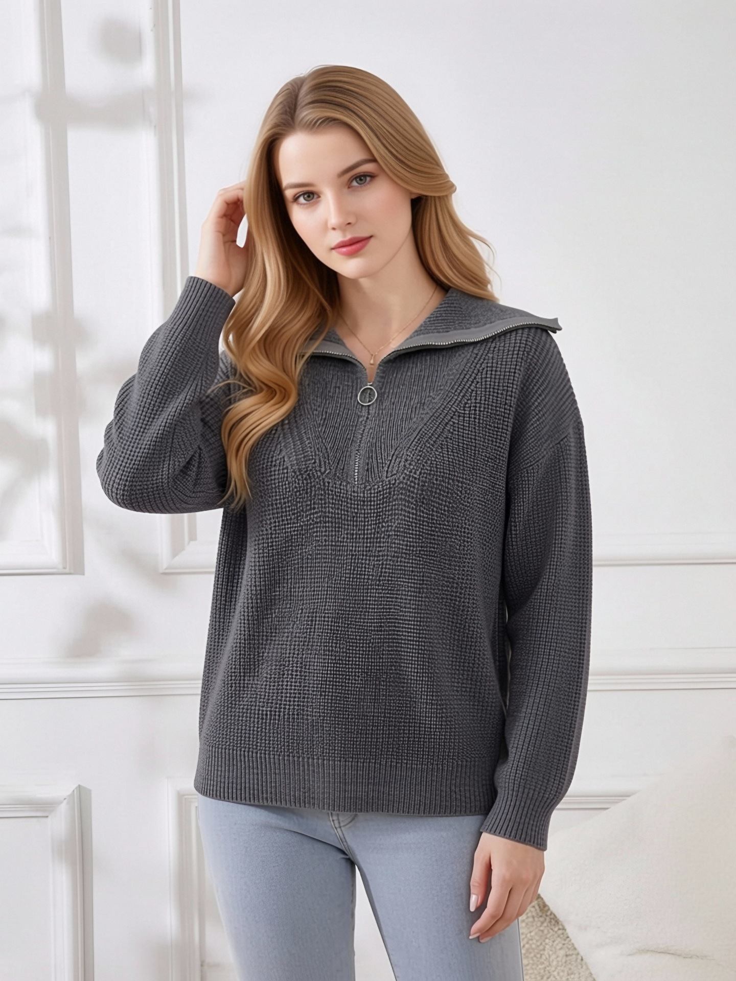 Vintage Loose Fit Knit Top with Folded V-Neck