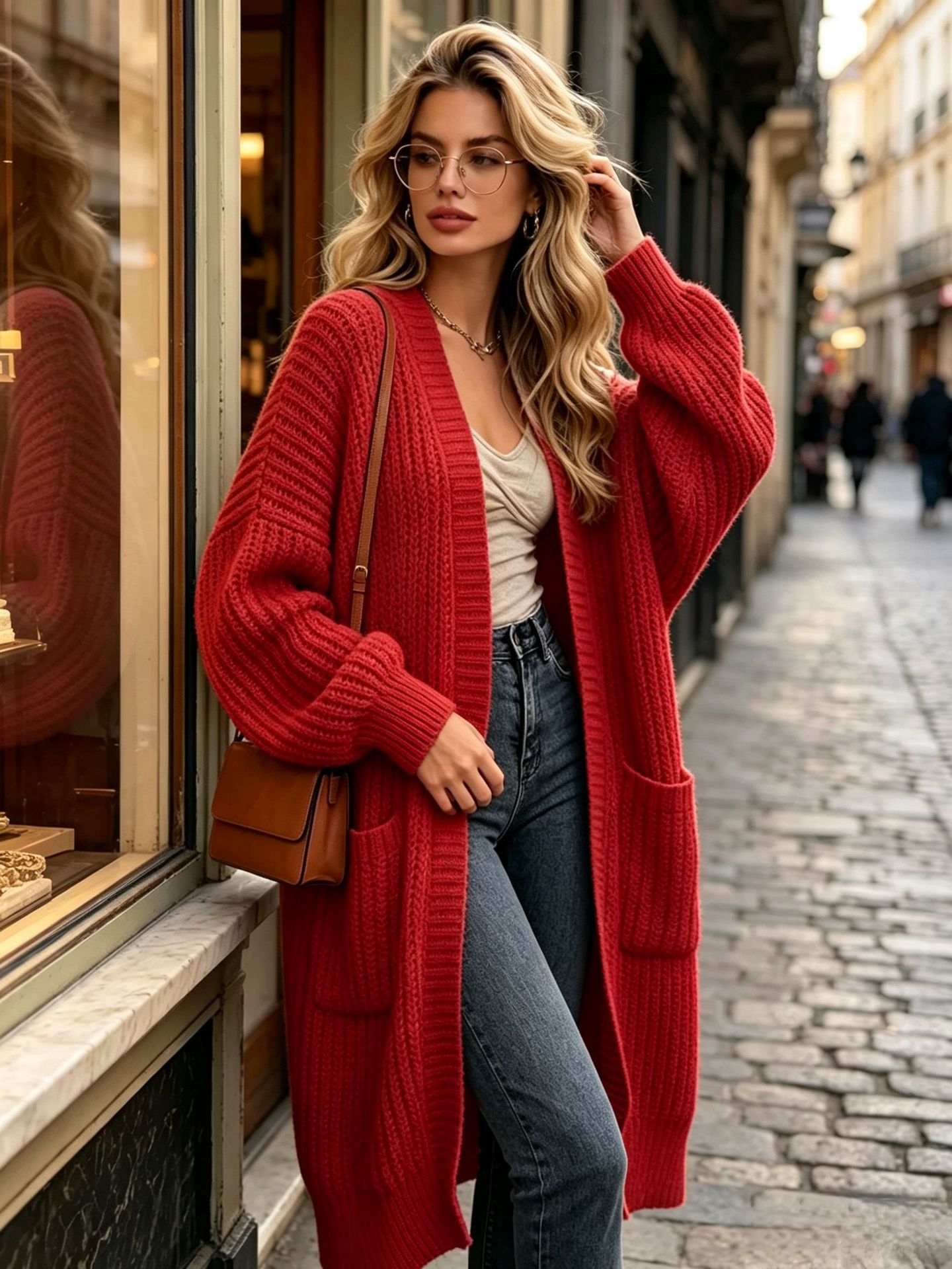 Thick knit cardigan, knee-length, long sleeves, relaxed fit