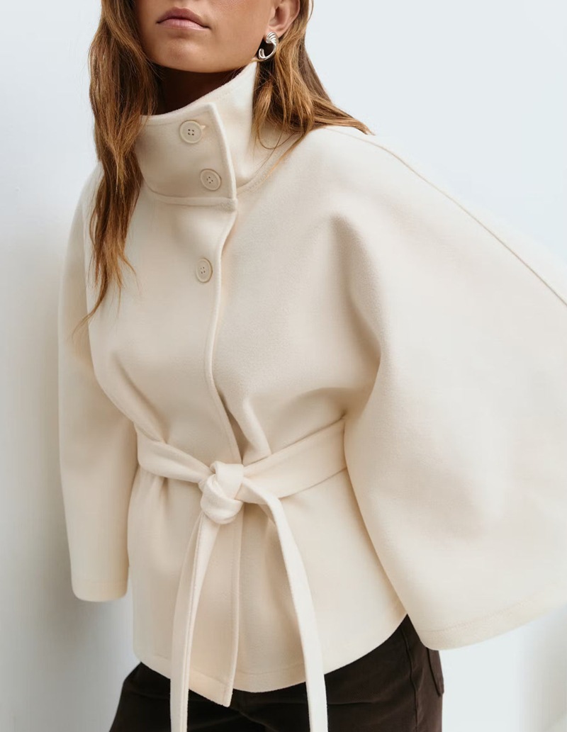 Solid Cape Coat with Stand Collar, Button & Belt