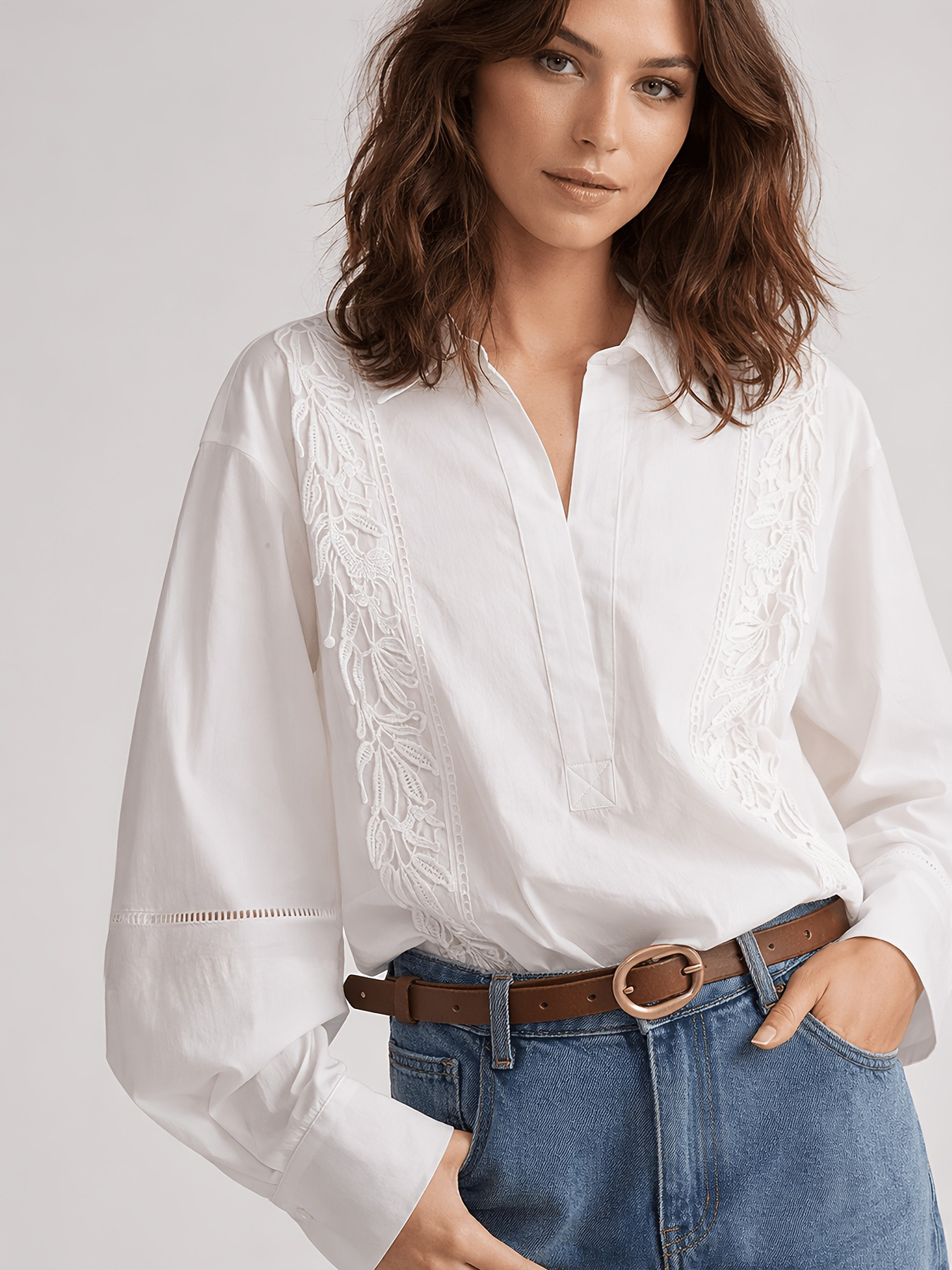 Embroidered Lantern Sleeve White Blouse for Work & Daily Wear