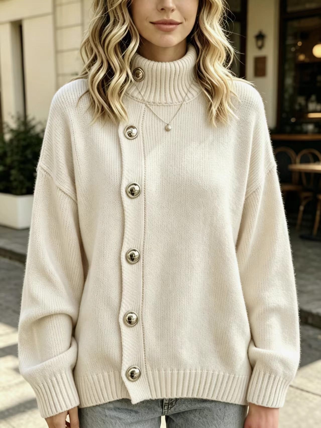 Solid high-neck sweater with metal buttons, loose fit