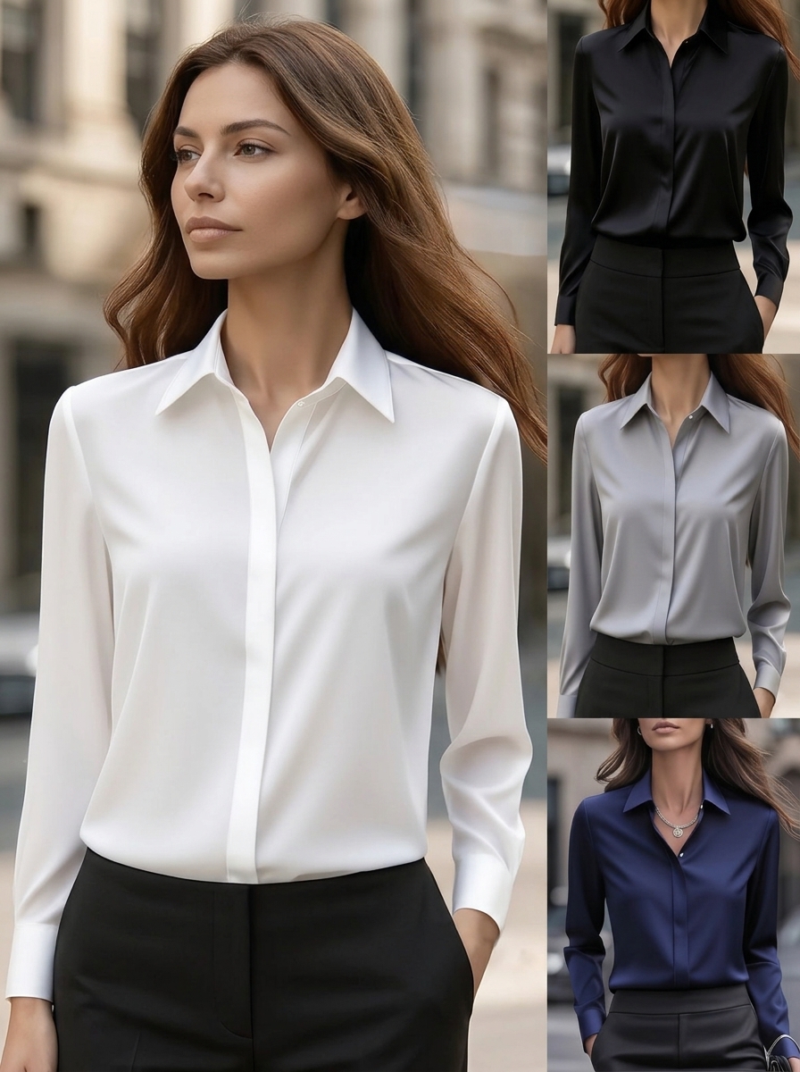 Solid Long Sleeve Satin Shirt with Turn-down Collar
