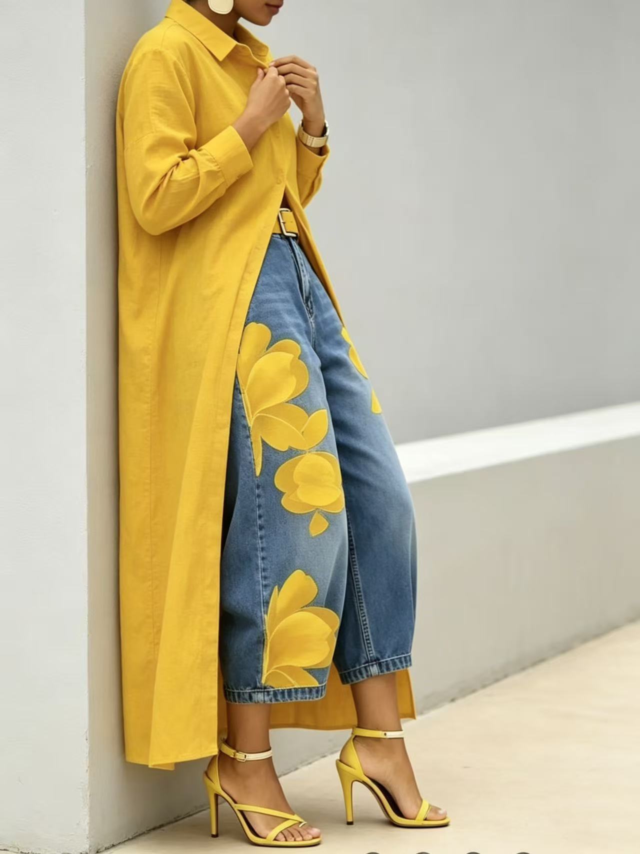 Floral Denim Wide Leg Pants with Slimming Effect