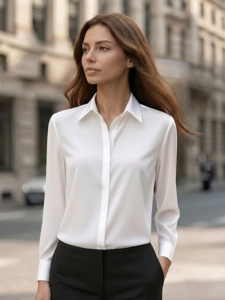 Solid Long Sleeve Satin Shirt with Turn-down Collar