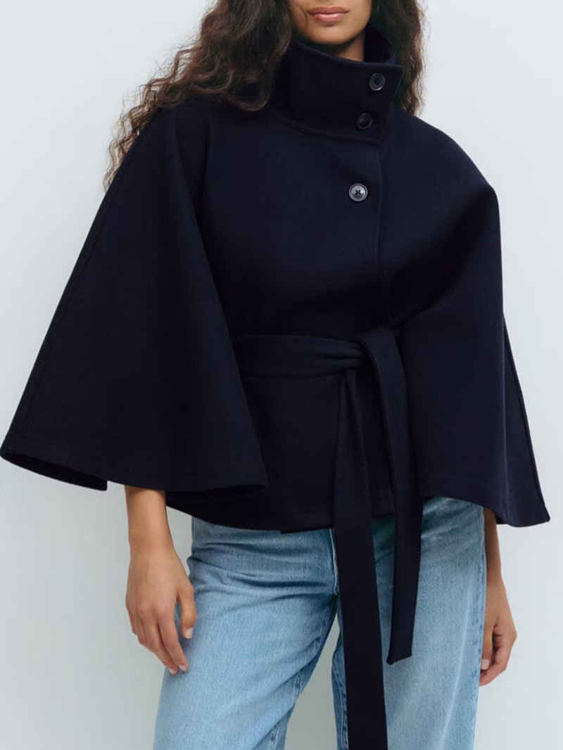 Solid color cape with stand collar, button and belt trench coat