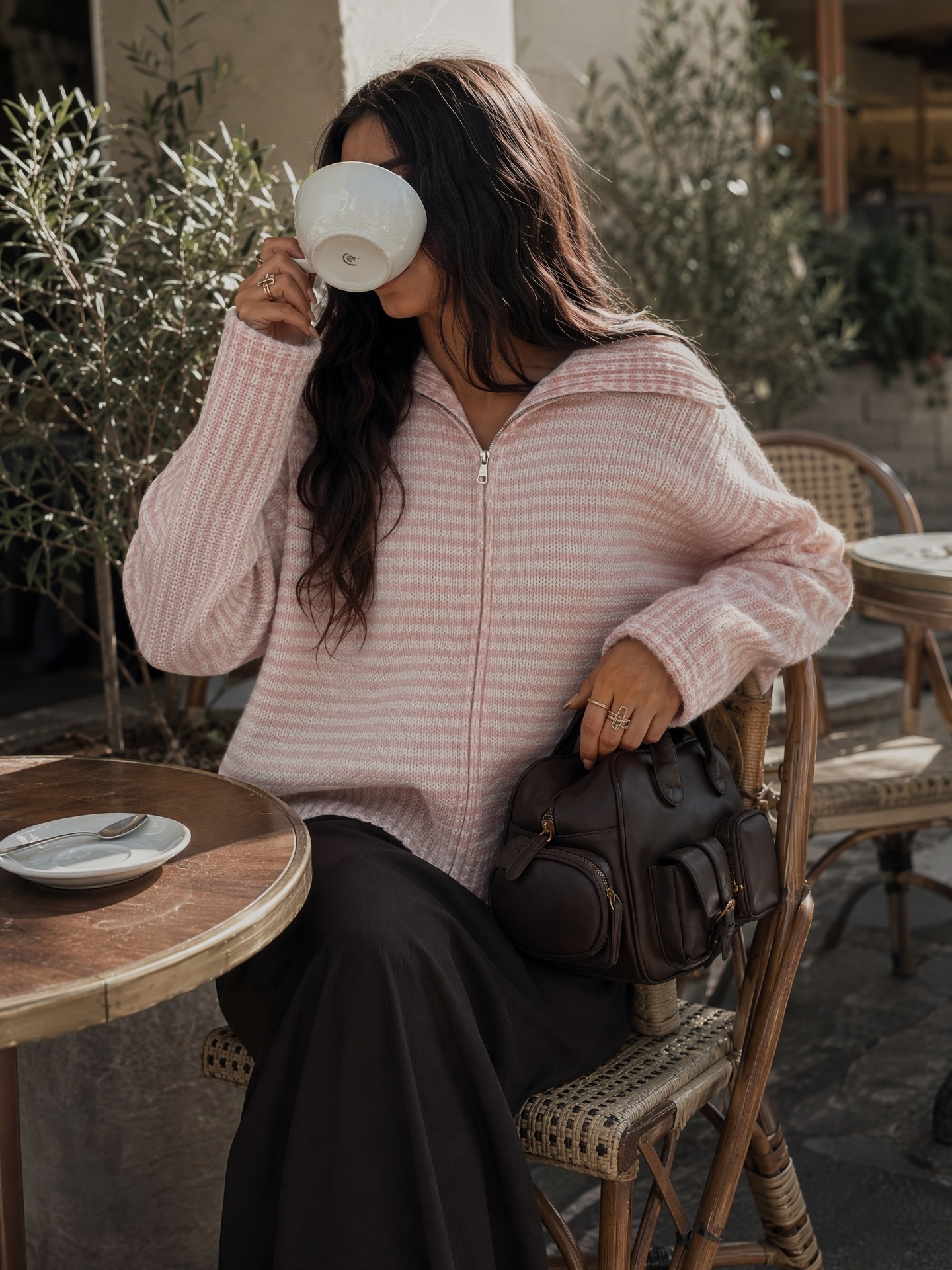 Striped Knit Zip-Up Cardigan for Commute