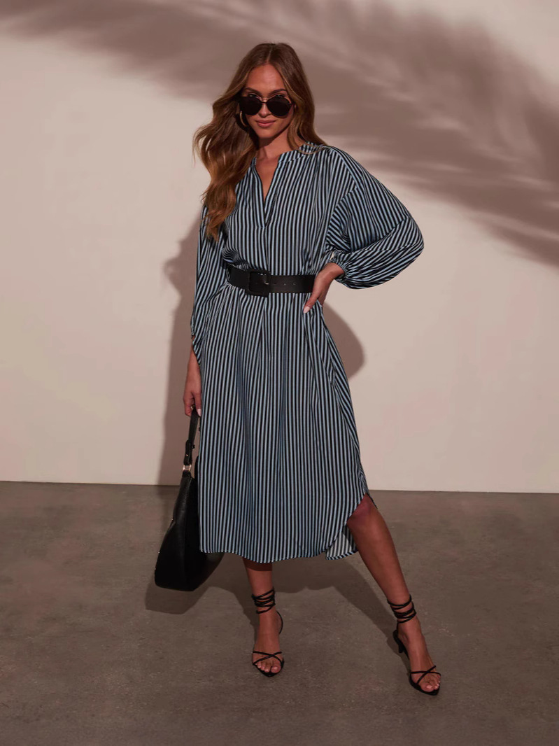 Striped long-sleeve shirt dress with V-neck and loose fit