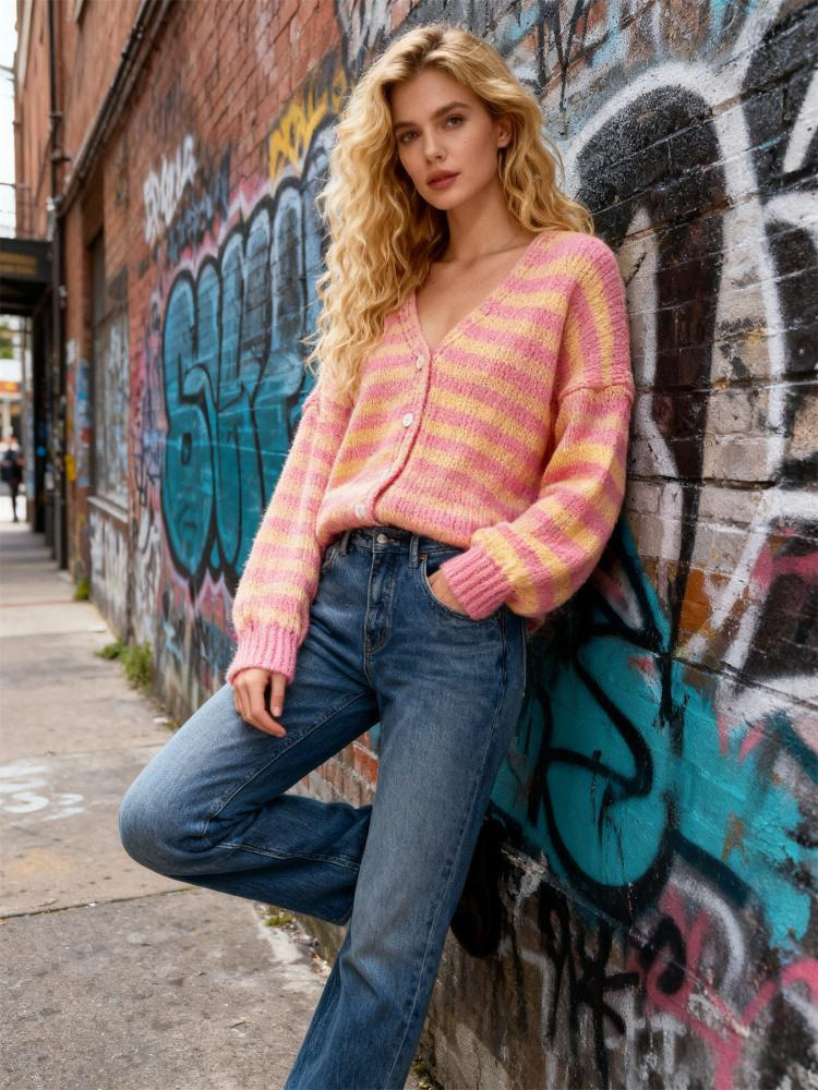 Color-Block Striped V-Neck Casual Knit Cardigan