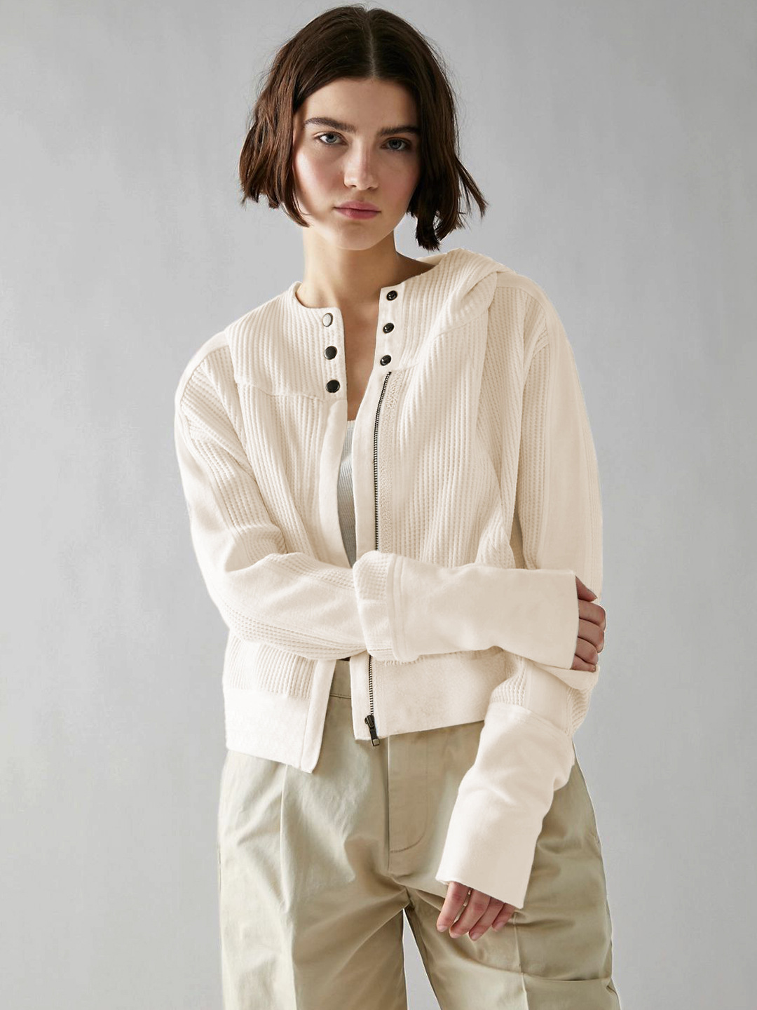 Spliced Relaxed Fit Zip-Up Cropped Hoodie