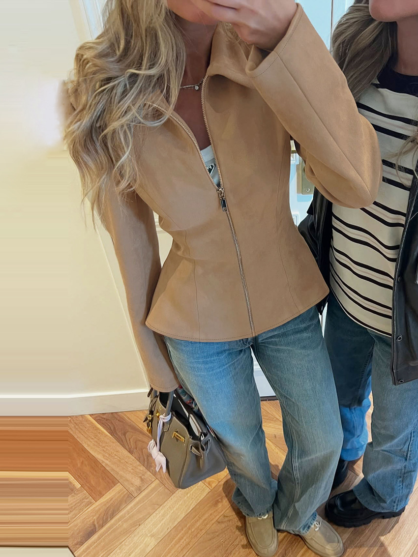 Khaki Suede Waist-Tie Slimming Vintage Commuter Jacket